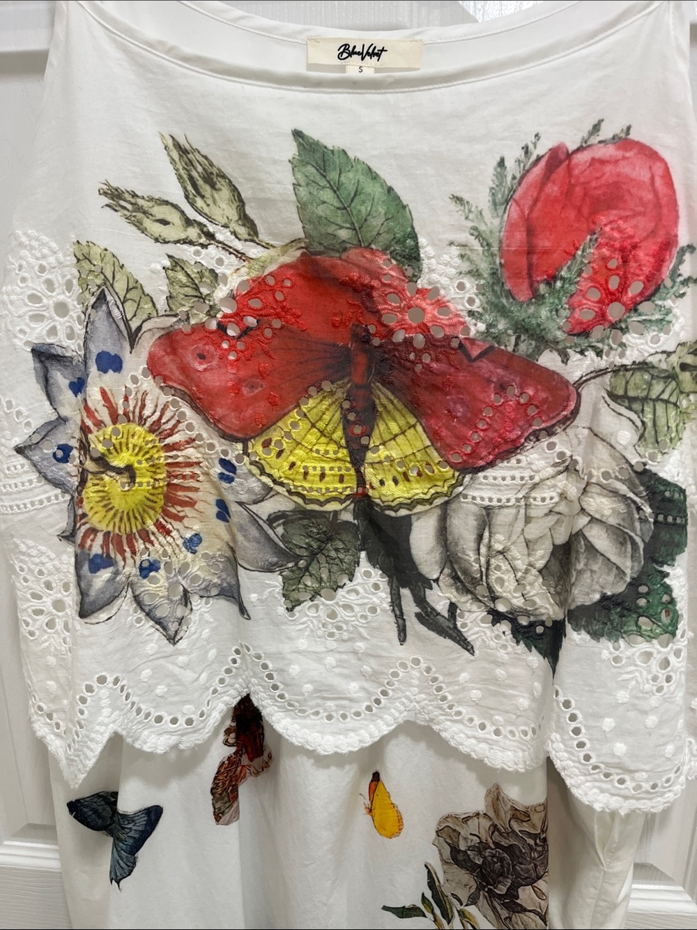 White Eyelet Dress with Multicolor Floral & Butterfly Print - Picture 2 of 5